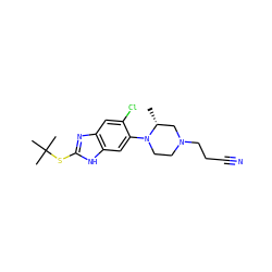 C[C@@H]1CN(CCC#N)CCN1c1cc2[nH]c(SC(C)(C)C)nc2cc1Cl ZINC000040395555