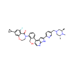 C[C@@H]1CN(Cc2ccc(-c3cc4c(-c5cccc(N6CCOc7cc(C8CC8)cc(F)c7C6=O)c5CO)ccnc4[nH]3)nc2)C[C@@H](C)N1C ZINC001772608584