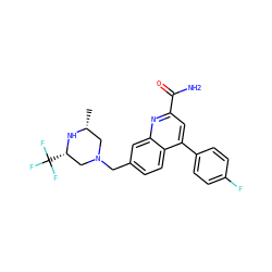 C[C@@H]1CN(Cc2ccc3c(-c4ccc(F)cc4)cc(C(N)=O)nc3c2)C[C@H](C(F)(F)F)N1 ZINC000221617852