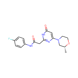 C[C@@H]1CN(c2cc(=O)[nH]c(CC(=O)Nc3ccc(F)cc3)n2)CCO1 ZINC000147006484