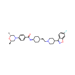 C[C@@H]1CN(c2ccc(C(=O)N[C@H]3CC[C@H](CCN4CCC(c5noc6cc(F)ccc56)CC4)CC3)cc2)C[C@@H](C)O1 ZINC001772636570