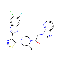 C[C@@H]1CN(c2scnc2-c2nc3cc(Cl)c(F)cc3[nH]2)CCN1C(=O)Cn1cnc2cccnc21 ZINC000143771349
