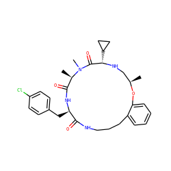 C[C@@H]1CN[C@@H](C2CC2)C(=O)N(C)[C@H](C)C(=O)N[C@H](Cc2ccc(Cl)cc2)C(=O)NCCCc2ccccc2O1 ZINC000073165019