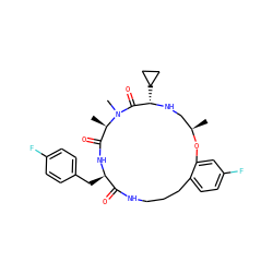 C[C@@H]1CN[C@@H](C2CC2)C(=O)N(C)[C@H](C)C(=O)N[C@H](Cc2ccc(F)cc2)C(=O)NCCCc2ccc(F)cc2O1 ZINC000073170179