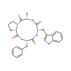 C[C@@H]1NC(=O)[C@H](Cc2c[nH]c3ccccc23)NC(=O)[C@H](Cc2ccccc2)NC(=O)[C@@H]2CCCN2C1=O ZINC000169335098