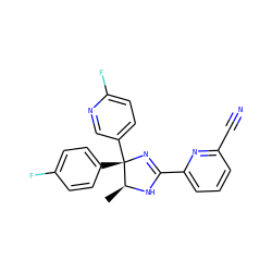 C[C@@H]1NC(c2cccc(C#N)n2)=N[C@@]1(c1ccc(F)cc1)c1ccc(F)nc1 ZINC000040422890