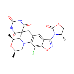 C[C@@H]1O[C@H](C)CN2c3c(cc4c(N5C(=O)OC[C@@H]5C)noc4c3Cl)CC3(C(=O)NC(=O)NC3=O)[C@@H]12 ZINC000145859941