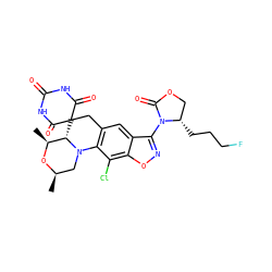 C[C@@H]1O[C@H](C)CN2c3c(cc4c(N5C(=O)OC[C@@H]5CCCF)noc4c3Cl)CC3(C(=O)NC(=O)NC3=O)[C@@H]12 ZINC000145784253