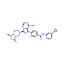 C[C@@H]1OC(=O)N2C[C@H](c3nc(-c4ccc(C(=O)Nc5cc(C6CC6)ccn5)cc4F)c4c(N)nccn34)CC[C@@H]12 ZINC000145491348