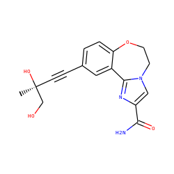 C[C@](O)(C#Cc1ccc2c(c1)-c1nc(C(N)=O)cn1CCO2)CO ZINC000205787674