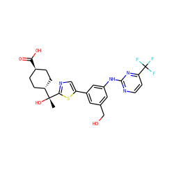 C[C@](O)(c1ncc(-c2cc(CO)cc(Nc3nccc(C(F)(F)F)n3)c2)s1)[C@H]1CC[C@H](C(=O)O)CC1 ZINC001772612656