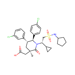 C[C@]1(CC(=O)O)C[C@H](c2cccc(Cl)c2)[C@@H](c2ccc(Cl)cc2)N([C@H](CS(=O)(=O)NC2CCCC2)C2CC2)C1=O ZINC000299829821
