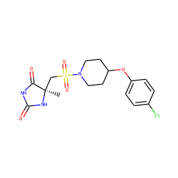 C[C@]1(CS(=O)(=O)N2CCC(Oc3ccc(Cl)cc3)CC2)NC(=O)NC1=O ZINC000059688698