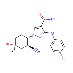 C[C@]1(O)CC[C@H](n2cc(C(N)=O)c(Nc3ccc(Cl)cc3)n2)[C@@H](C#N)C1 ZINC000221864480