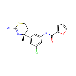 C[C@]1(c2cc(Cl)cc(NC(=O)c3ccco3)c2)CCSC(N)=N1 ZINC000141354514