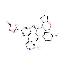 C[C@H]([C@H]1CC[C@H](C)CC1)n1c(N2CCO[C@@H]3CCC[C@H]32)nc2cc(-c3noc(=O)[nH]3)nc(-c3cncc(Cl)c3)c21 ZINC000261090444