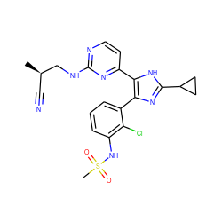 C[C@H](C#N)CNc1nccc(-c2[nH]c(C3CC3)nc2-c2cccc(NS(C)(=O)=O)c2Cl)n1 ZINC000169133553