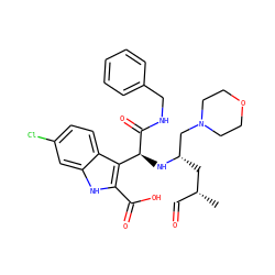 C[C@H](C=O)C[C@@H](CN1CCOCC1)N[C@H](C(=O)NCc1ccccc1)c1c(C(=O)O)[nH]c2cc(Cl)ccc12 ZINC000200208974