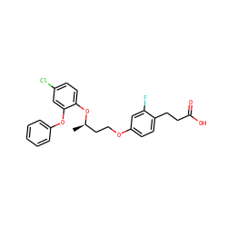 C[C@H](CCOc1ccc(CCC(=O)O)c(F)c1)Oc1ccc(Cl)cc1Oc1ccccc1 ZINC000034717703