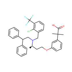 C[C@H](CCOc1cccc(C(C)(C)C(=O)O)c1)N(Cc1cccc(C(F)(F)F)c1Cl)CC(c1ccccc1)c1ccccc1 ZINC000049723274