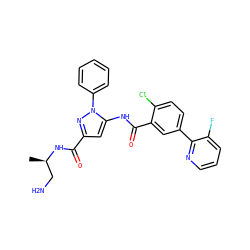 C[C@H](CN)NC(=O)c1cc(NC(=O)c2cc(-c3ncccc3F)ccc2Cl)n(-c2ccccc2)n1 ZINC001772629441