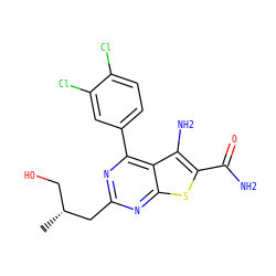C[C@H](CO)Cc1nc(-c2ccc(Cl)c(Cl)c2)c2c(N)c(C(N)=O)sc2n1 ZINC000073223728
