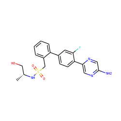 C[C@H](CO)NS(=O)(=O)Cc1ccccc1-c1ccc(-c2cnc(N)cn2)c(F)c1 ZINC000224674964