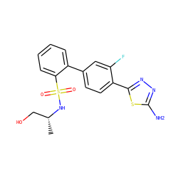 C[C@H](CO)NS(=O)(=O)c1ccccc1-c1ccc(-c2nnc(N)s2)c(F)c1 ZINC000224779115
