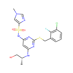 C[C@H](CO)Nc1cc(NS(=O)(=O)c2cn(C)cn2)nc(SCc2cccc(Cl)c2F)n1 ZINC000038577177