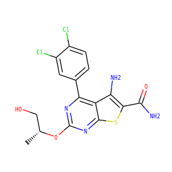C[C@H](CO)Oc1nc(-c2ccc(Cl)c(Cl)c2)c2c(N)c(C(N)=O)sc2n1 ZINC000073220289