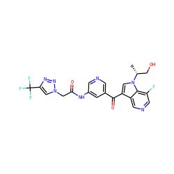 C[C@H](CO)n1cc(C(=O)c2cncc(NC(=O)Cn3cc(C(F)(F)F)nn3)c2)c2cncc(F)c21 ZINC001772571485