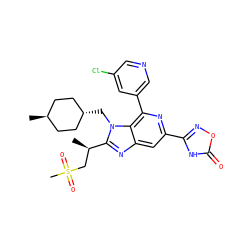C[C@H](CS(C)(=O)=O)c1nc2cc(-c3noc(=O)[nH]3)nc(-c3cncc(Cl)c3)c2n1C[C@H]1CC[C@H](C)CC1 ZINC000261151011