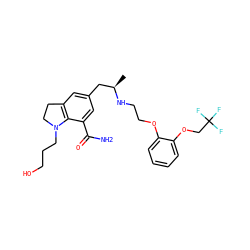 C[C@H](Cc1cc2c(c(C(N)=O)c1)N(CCCO)CC2)NCCOc1ccccc1OCC(F)(F)F ZINC000003806063