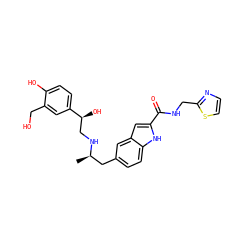C[C@H](Cc1ccc2[nH]c(C(=O)NCc3nccs3)cc2c1)NC[C@H](O)c1ccc(O)c(CO)c1 ZINC000028823775
