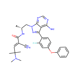 C[C@H](Cn1nc(-c2ccc(Oc3ccccc3)cc2F)c2c(N)ncnc21)NC(=O)/C(C#N)=C/C(C)(C)N(C)C ZINC000205482078