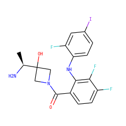 C[C@H](N)C1(O)CN(C(=O)c2ccc(F)c(F)c2Nc2ccc(I)cc2F)C1 ZINC000060325247
