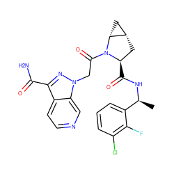 C[C@H](NC(=O)[C@@H]1C[C@H]2C[C@H]2N1C(=O)Cn1nc(C(N)=O)c2ccncc21)c1cccc(Cl)c1F ZINC000143957294