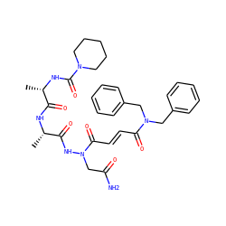 C[C@H](NC(=O)[C@H](C)NC(=O)N1CCCCC1)C(=O)NN(CC(N)=O)C(=O)/C=C/C(=O)N(Cc1ccccc1)Cc1ccccc1 ZINC000049695434