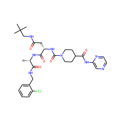 C[C@H](NC(=O)[C@H](CC(=O)NCC(C)(C)C)NC(=O)N1CCC(C(=O)Nc2cnccn2)CC1)C(=O)NCc1ccccc1Cl ZINC001772628452