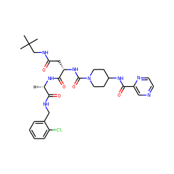 C[C@H](NC(=O)[C@H](CC(=O)NCC(C)(C)C)NC(=O)N1CCC(NC(=O)c2cnccn2)CC1)C(=O)NCc1ccccc1Cl ZINC001772598960