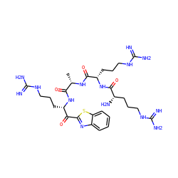 C[C@H](NC(=O)[C@H](CCCNC(=N)N)NC(=O)[C@@H](N)CCCNC(=N)N)C(=O)N[C@@H](CCCNC(=N)N)C(=O)c1nc2ccccc2s1 ZINC000299836627