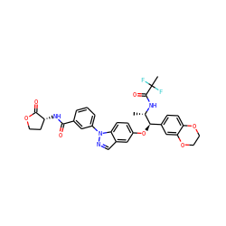 C[C@H](NC(=O)C(C)(F)F)[C@H](Oc1ccc2c(cnn2-c2cccc(C(=O)N[C@@H]3CCOC3=O)c2)c1)c1ccc2c(c1)OCCO2 ZINC000116227401