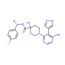 C[C@H](NC(=O)C1(N)CCN(c2ncnc(N)c2-c2cn[nH]c2)CC1)c1ccc(Cl)cc1 ZINC001772646359