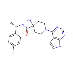 C[C@H](NC(=O)C1(N)CCN(c2ncnc3[nH]ccc23)CC1)c1ccc(Cl)cc1 ZINC000095581144
