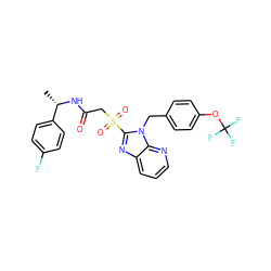 C[C@H](NC(=O)CS(=O)(=O)c1nc2cccnc2n1Cc1ccc(OC(F)(F)F)cc1)c1ccc(F)cc1 ZINC001772639211