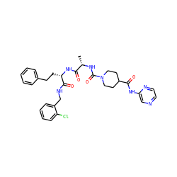 C[C@H](NC(=O)N1CCC(C(=O)Nc2cnccn2)CC1)C(=O)N[C@@H](CCc1ccccc1)C(=O)NCc1ccccc1Cl ZINC001772649209