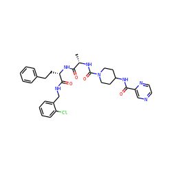C[C@H](NC(=O)N1CCC(NC(=O)c2cnccn2)CC1)C(=O)N[C@@H](CCc1ccccc1)C(=O)NCc1ccccc1Cl ZINC001772592677