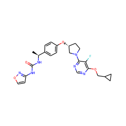 C[C@H](NC(=O)Nc1ccon1)c1ccc(O[C@@H]2CCN(c3ncnc(OCC4CC4)c3F)C2)cc1 ZINC000261137267
