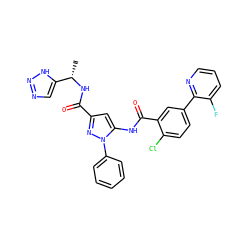 C[C@H](NC(=O)c1cc(NC(=O)c2cc(-c3ncccc3F)ccc2Cl)n(-c2ccccc2)n1)c1cnn[nH]1 ZINC001772608353