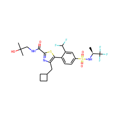 C[C@H](NS(=O)(=O)c1ccc(-c2sc(C(=O)NCC(C)(C)O)nc2CC2CCC2)c(C(F)F)c1)C(F)(F)F ZINC000207200183